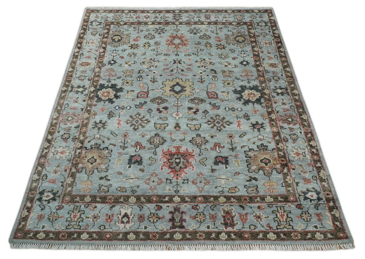 Made to Order Wool Traditional Silver and Olive Hand knotted Oushak Area Rug - The Rug Decor