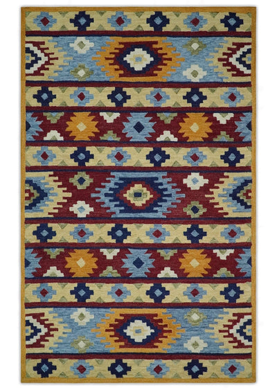 Maroon, Aqua and Beige Traditional Ikat Pattern Wool Area Rug - The Rug Decor