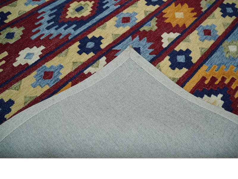 Maroon, Aqua and Beige Traditional Ikat Pattern Wool Area Rug - The Rug Decor