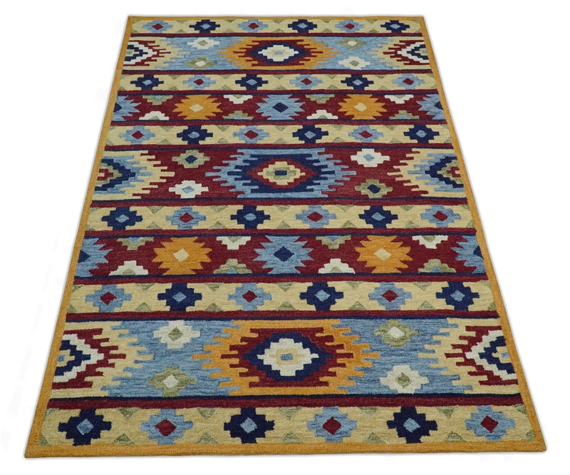 Maroon, Aqua and Beige Traditional Ikat Pattern Wool Area Rug - The Rug Decor