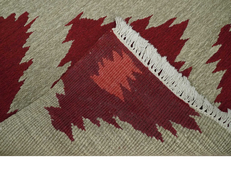 Maroon, Beige and Rust 3x5 Ikat Pattern Hand Woven Soumak Dhurrie Wool Area Rug - The Rug Decor