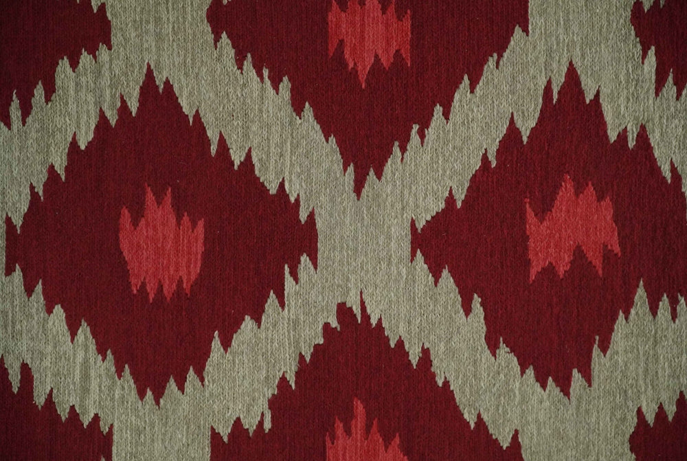 Maroon, Beige and Rust 3x5 Ikat Pattern Hand Woven Soumak Dhurrie Wool Area Rug - The Rug Decor