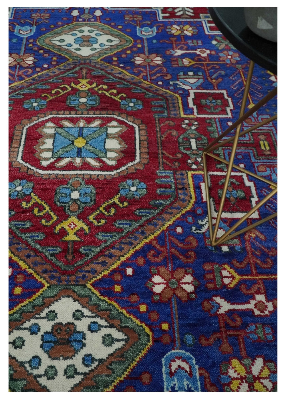 Maroon, Blue and ivory Hand Knotted Antique 8x10 Traditional Wool Rug - The Rug Decor