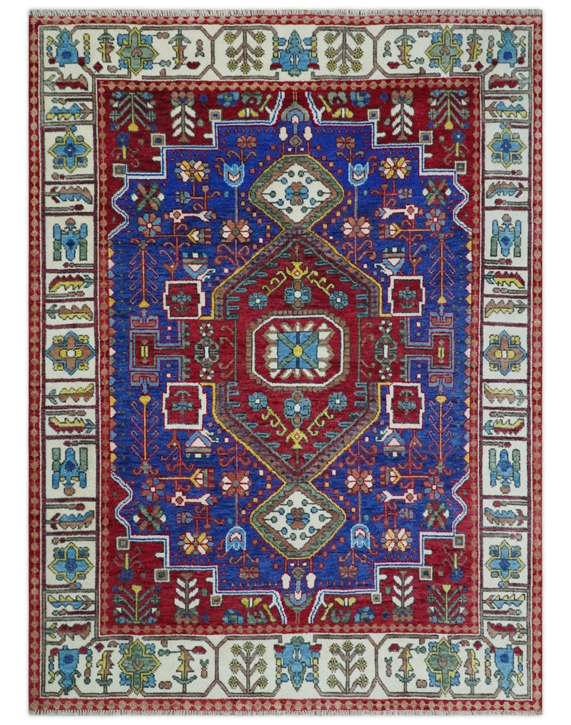 Maroon, Blue and ivory Hand Knotted Antique 8x10 Traditional Wool Rug - The Rug Decor