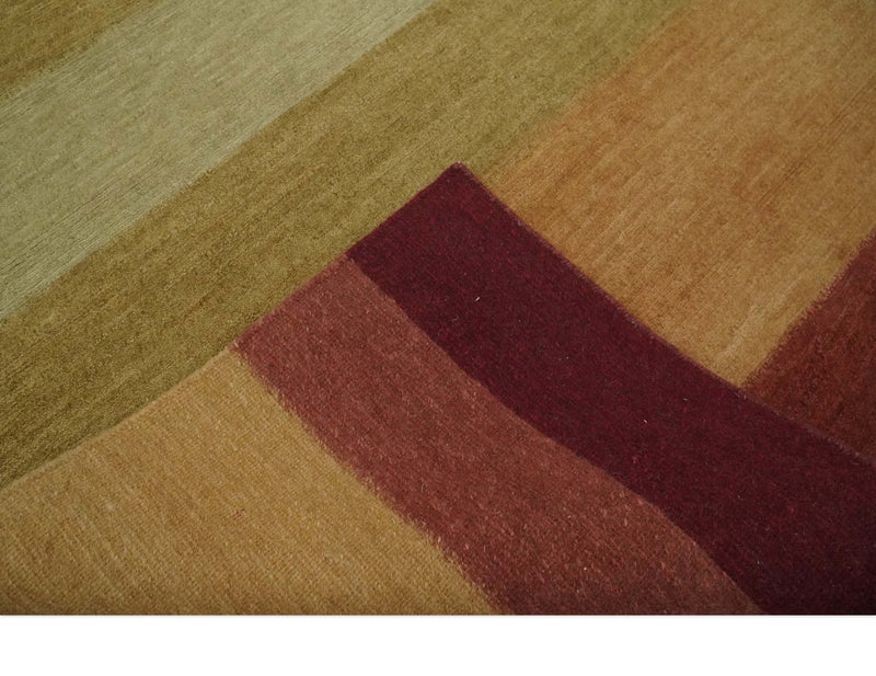 Maroon, Rust, Gold, Olive and Ivory Modern Stripes 5.6x6.6 Hand loom wool area Rug - The Rug Decor