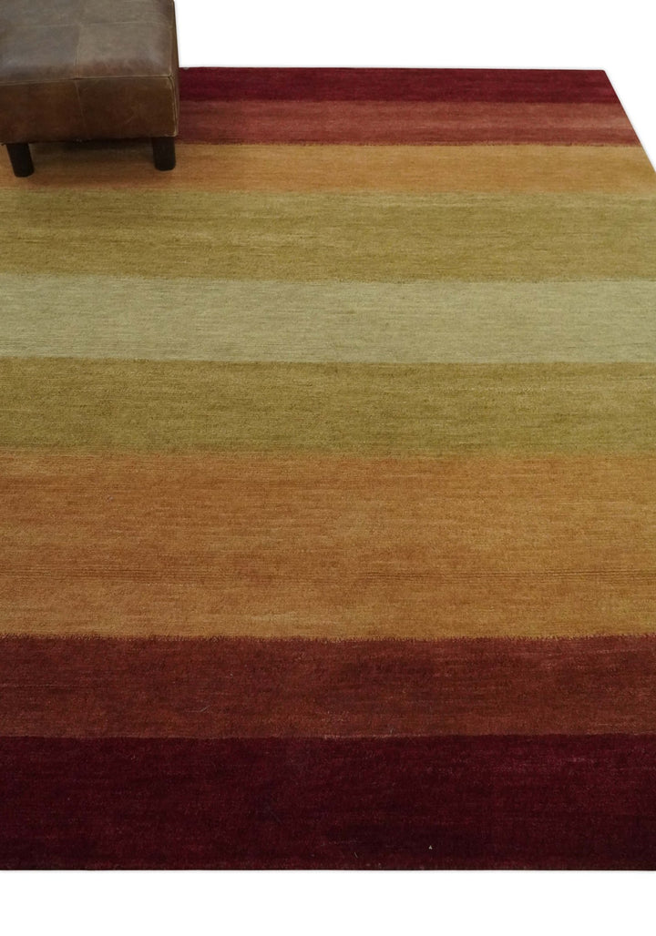 Maroon, Rust, Gold, Olive and Ivory Modern Stripes 5.6x6.6 Hand loom wool area Rug - The Rug Decor