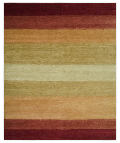 Maroon, Rust, Gold, Olive and Ivory Modern Stripes 5.6x6.6 Hand loom wool area Rug - The Rug Decor