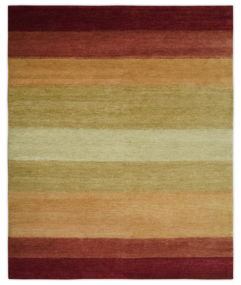 Maroon, Rust, Gold, Olive and Ivory Modern Stripes 5.6x6.6 Hand loom wool area Rug - The Rug Decor