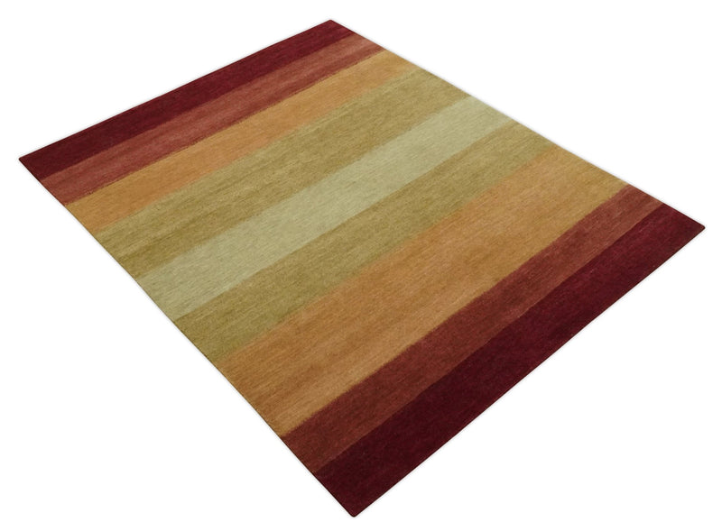 Maroon, Rust, Gold, Olive and Ivory Modern Stripes 5.6x6.6 Hand loom wool area Rug - The Rug Decor