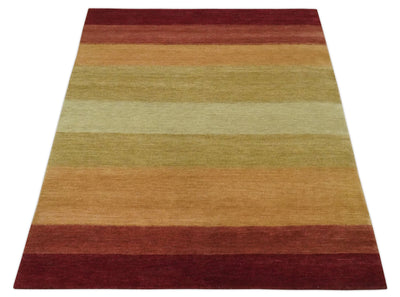 Maroon, Rust, Gold, Olive and Ivory Modern Stripes 5.6x6.6 Hand loom wool area Rug - The Rug Decor