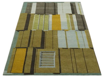 Modern 3D Geometrical art Olive, Ivory, Charcoal and Teal Hand knotted 6x8 wool Area Rug - The Rug Decor