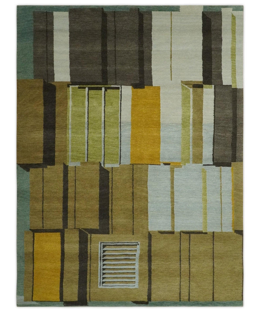 Modern 3D Geometrical art Olive, Ivory, Charcoal and Teal Hand knotted 6x8 wool Area Rug - The Rug Decor