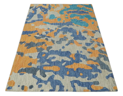 Modern 5x8 Ivory, Orange, Blue and Teal Abstract Hand Tufted Wool Area Rug - The Rug Decor