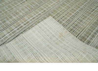 Modern 8x10 Hand Made striped Camel, White and Brown Scandinavian Blended Wool Flatwoven Area Rug | KE33 - The Rug Decor
