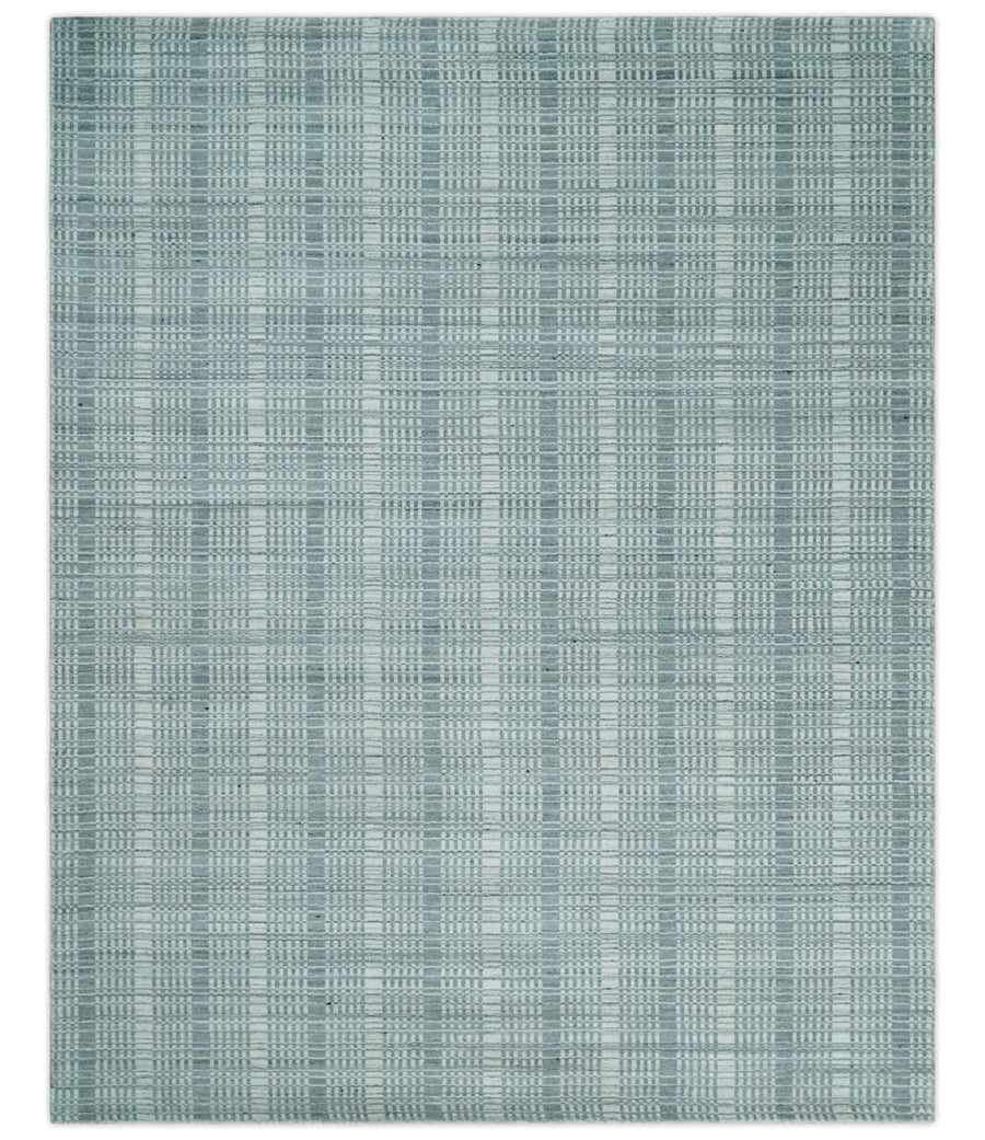 Modern 8x10 Hand Made striped Ivory and Gray Scandinavian Blended Wool Flatwoven Area Rug | KE36 - The Rug Decor