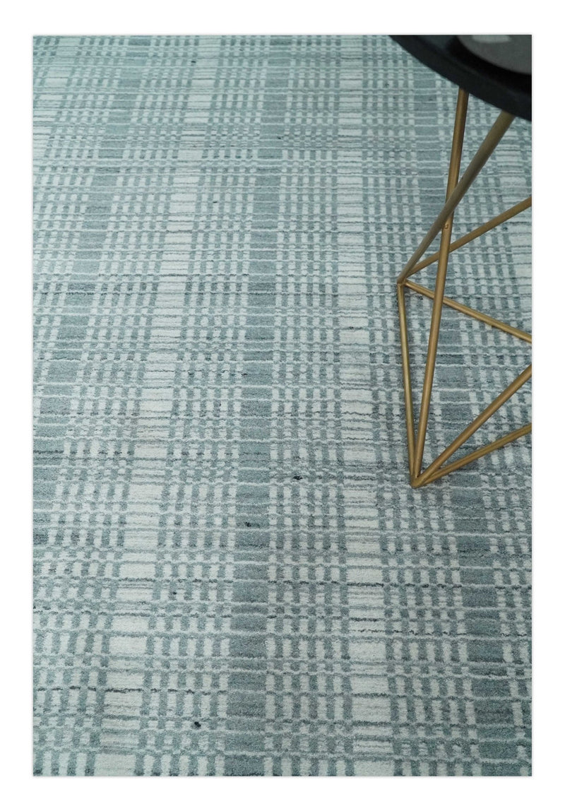 Modern 8x10 Hand Made striped Ivory and Gray Scandinavian Blended Wool Flatwoven Area Rug | KE36 - The Rug Decor