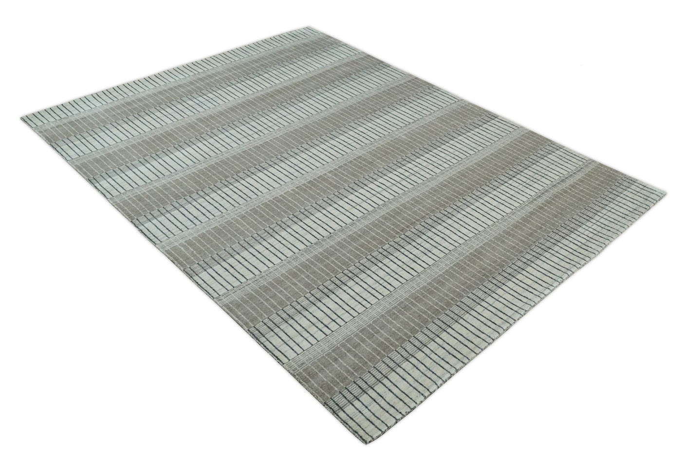 Modern 8x10 Hand Made Stripes Ivory, Black and Brown Scandinavian Blended Wool Flatwoven Area Rug | KE5 - The Rug Decor