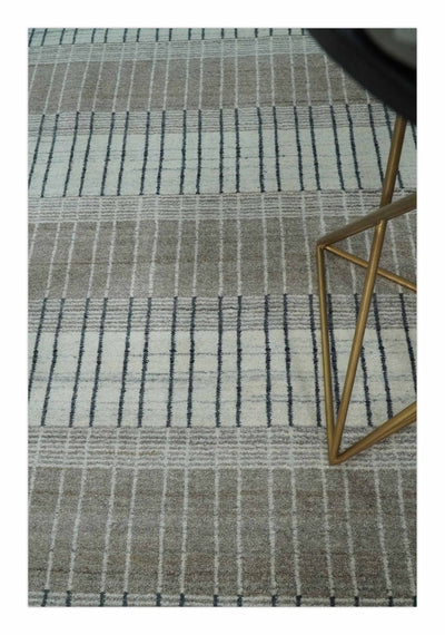 Modern 8x10 Hand Made Stripes Ivory, Black and Brown Scandinavian Blended Wool Flatwoven Area Rug | KE5 - The Rug Decor