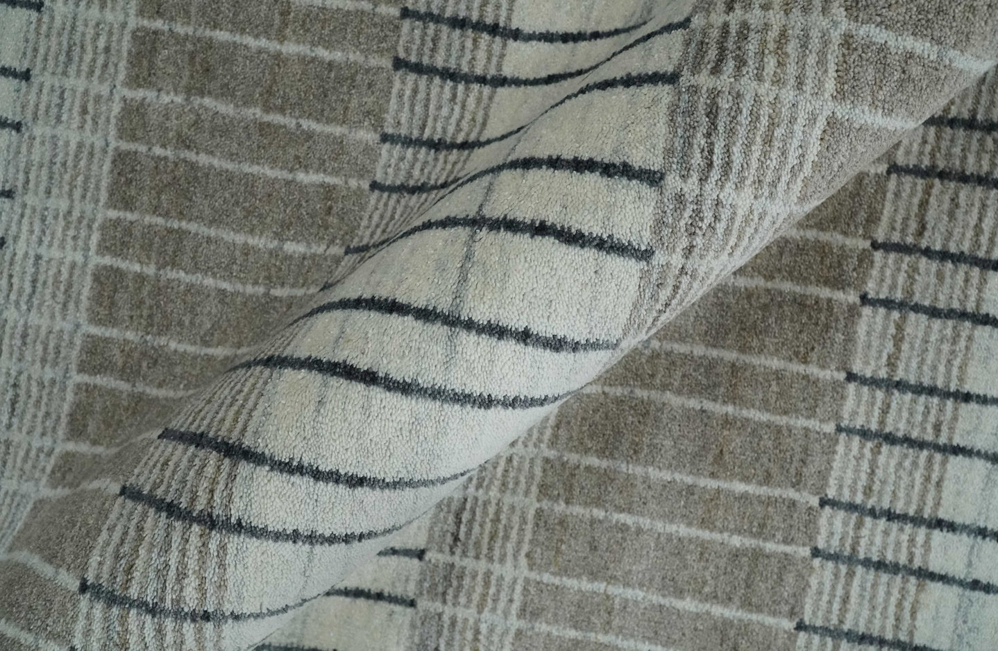 Modern 8x10 Hand Made Stripes Ivory, Black and Brown Scandinavian Blended Wool Flatwoven Area Rug | KE5 - The Rug Decor
