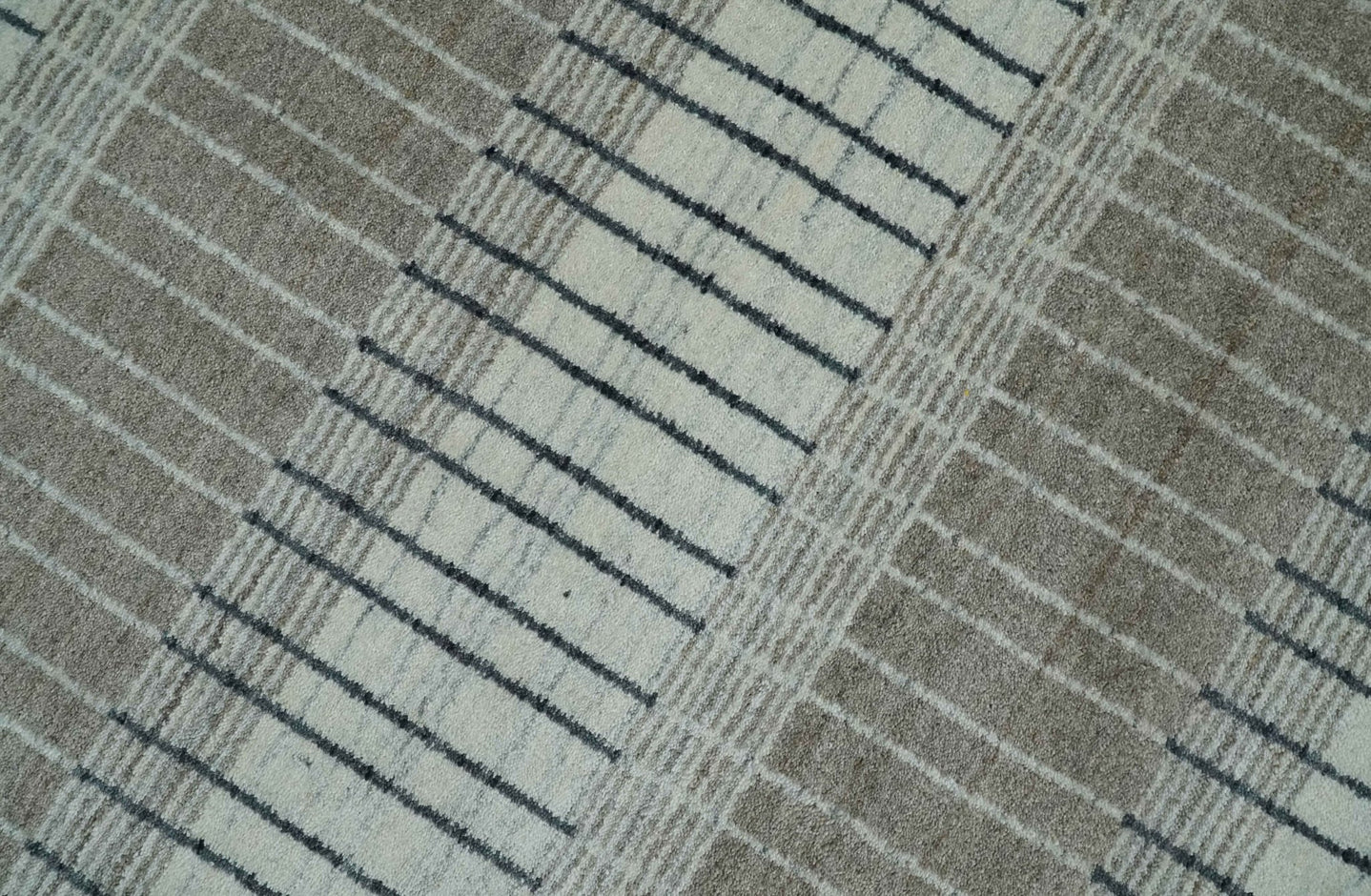 Modern 8x10 Hand Made Stripes Ivory, Black and Brown Scandinavian Blended Wool Flatwoven Area Rug | KE5 - The Rug Decor