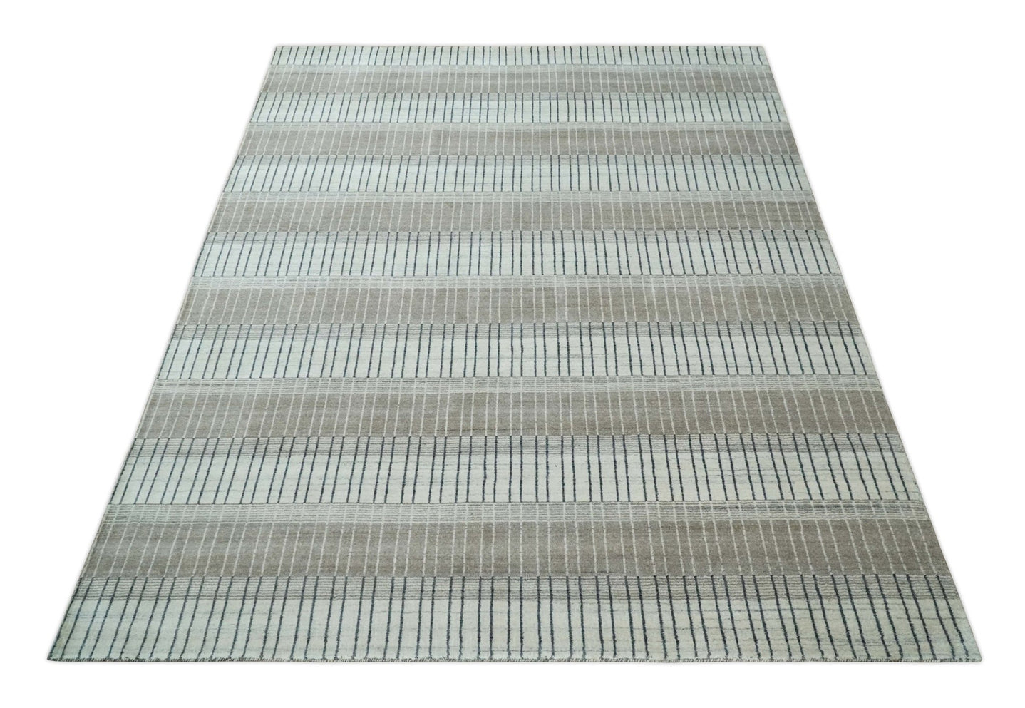 Modern 8x10 Hand Made Stripes Ivory, Black and Brown Scandinavian Blended Wool Flatwoven Area Rug | KE5 - The Rug Decor