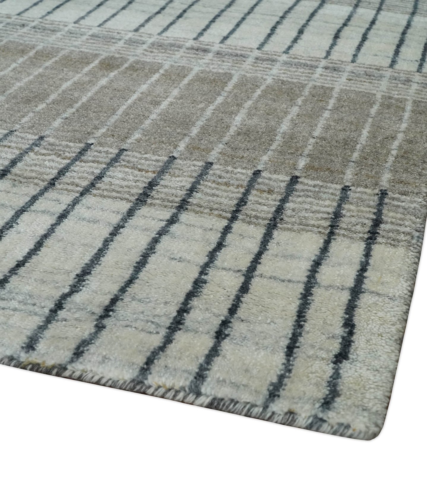 Modern 8x10 Hand Made Stripes Ivory, Black and Brown Scandinavian Blended Wool Flatwoven Area Rug | KE5 - The Rug Decor