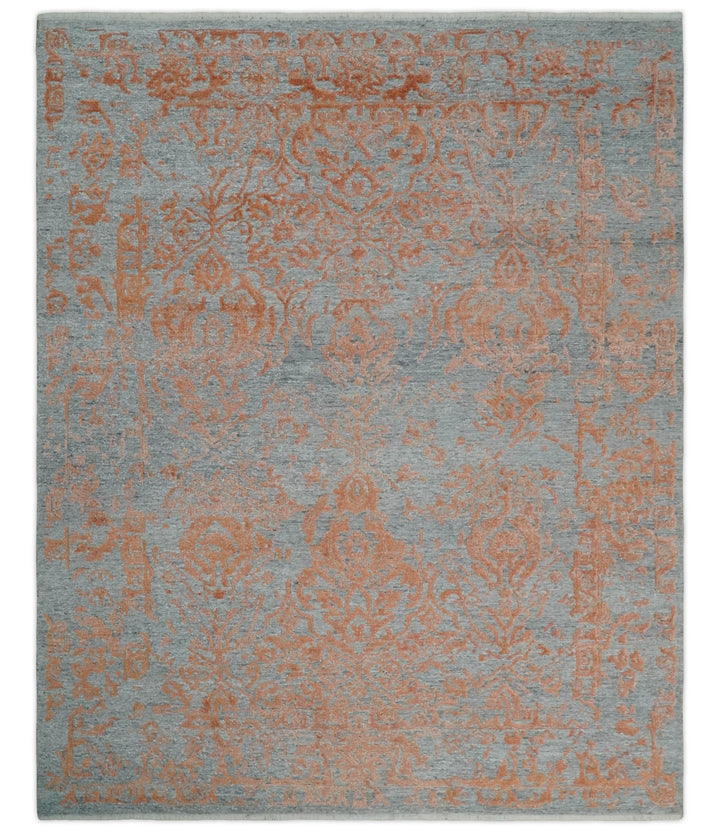Modern 8x10 Silver and Rust Traditional Carved Pattern Handmade Wool Area Rug - The Rug Decor
