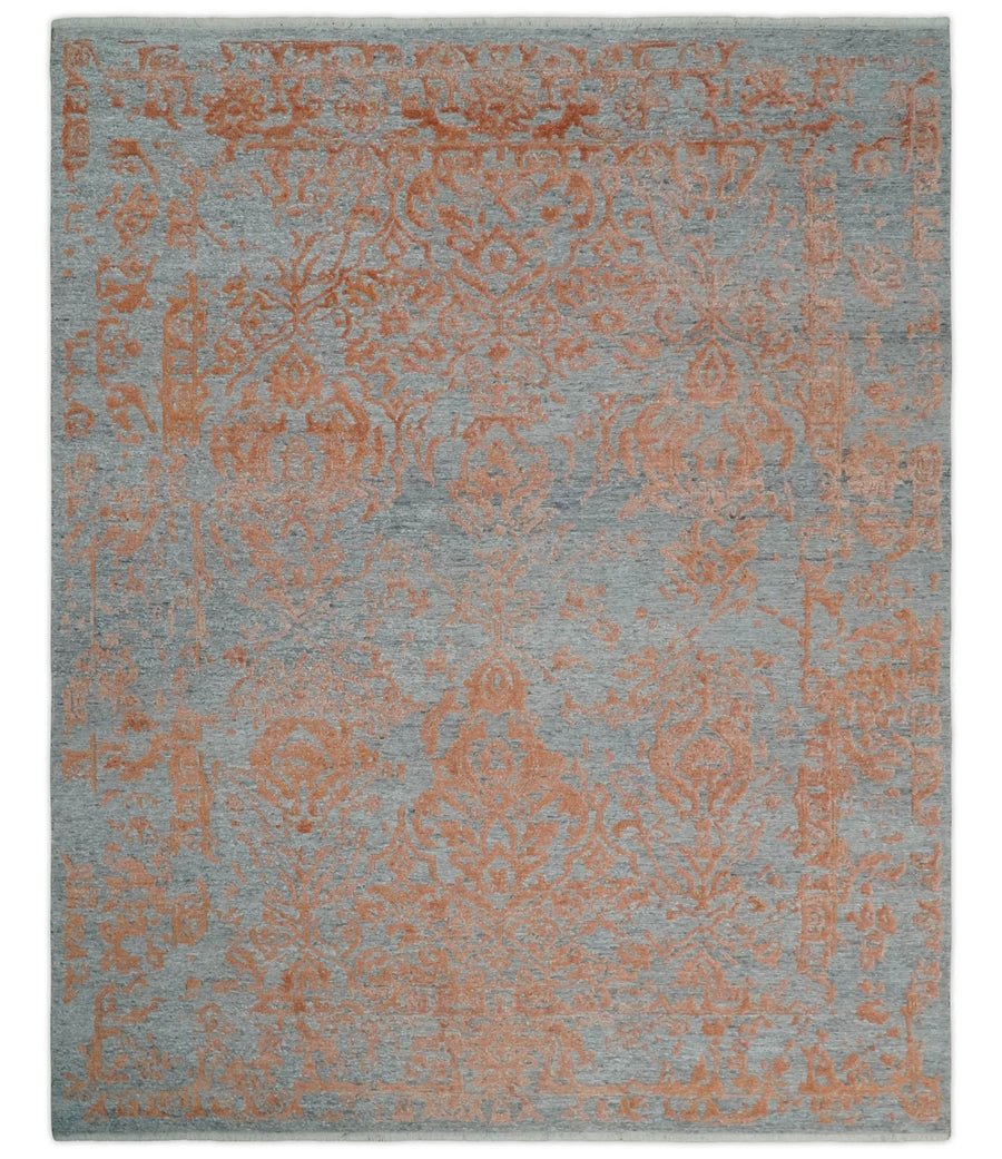 Modern 8x10 Silver and Rust Traditional Carved Pattern Handmade Wool Area Rug - The Rug Decor