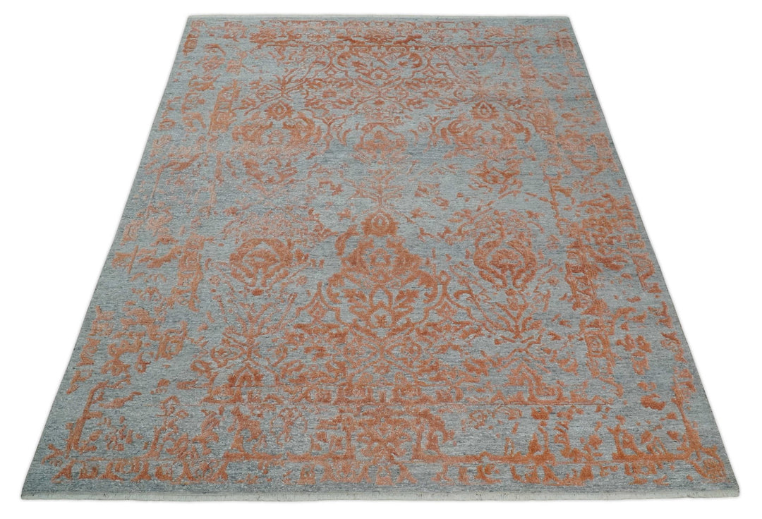 Modern 8x10 Silver and Rust Traditional Carved Pattern Handmade Wool Area Rug - The Rug Decor