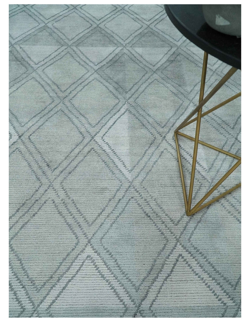 Modern 8x10 Silver, Ivory and Charcoal Geometrical Handmade Art Silk Area Rug - The Rug Decor