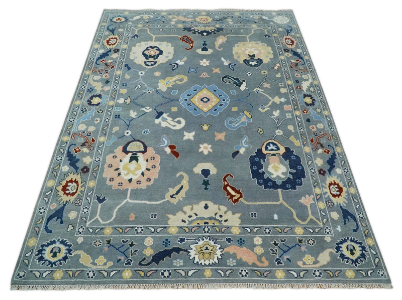 Modern 9x12 Wool Traditional Persian Gray, Navy Blue and Ivory Vibrant Colorful Hand knotted Oushak Area Rug | TRDCP805912 - The Rug Decor