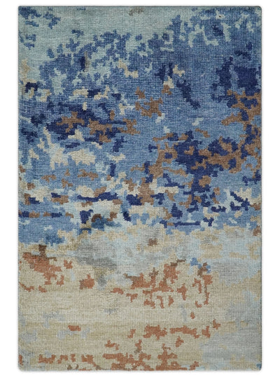 Modern Abstract 2x3 Multi Color Blue, beige Bamboo Silk Hand Knotted Area Rug | N2723 - The Rug Decor