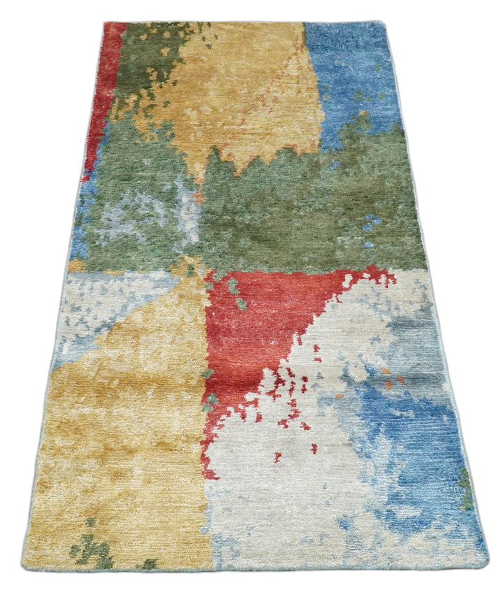 Modern Abstract 2x4 Blue, Red and Gold Hand Knotted Entryway bamboo silk Area Rug | TRD3152224 - The Rug Decor