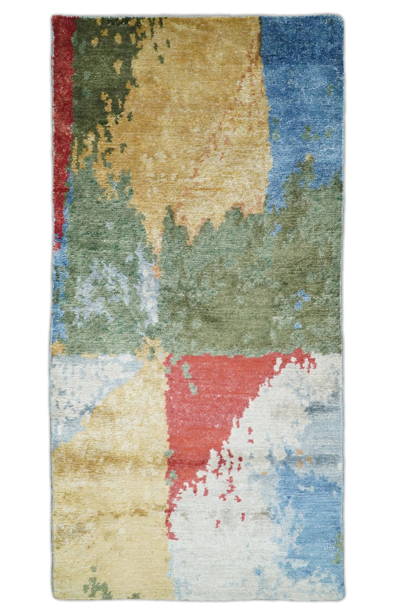 Modern Abstract 2x4 Blue, Red and Gold Hand Knotted Entryway bamboo silk Area Rug | TRD3152224 - The Rug Decor