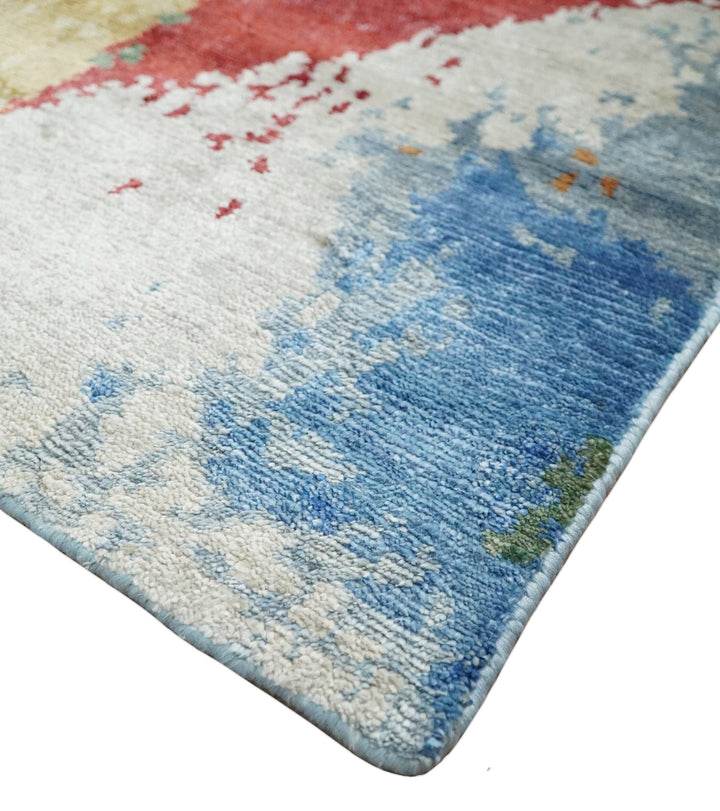 Modern Abstract 2x4 Blue, Red and Gold Hand Knotted Entryway bamboo silk Area Rug | TRD3152224 - The Rug Decor