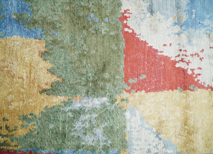 Modern Abstract 2x4 Blue, Red and Gold Hand Knotted Entryway bamboo silk Area Rug | TRD3152224 - The Rug Decor