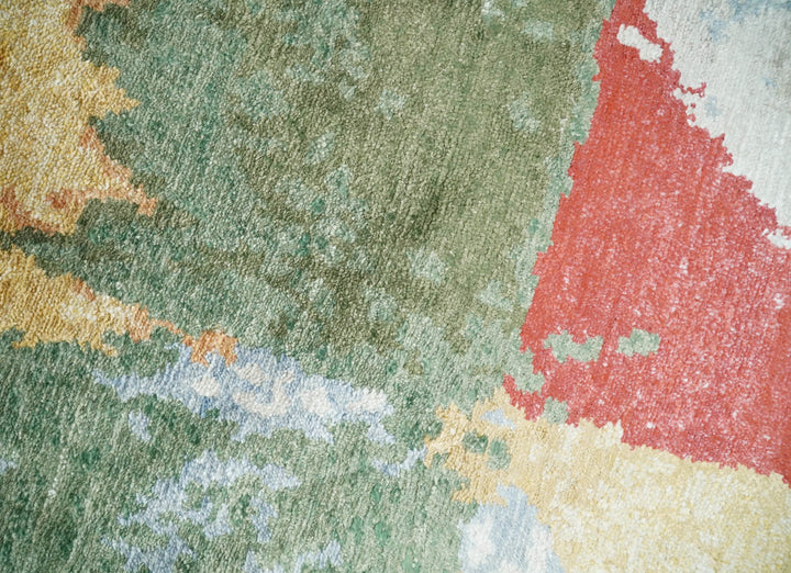 Modern Abstract 2x4 Blue, Red and Gold Hand Knotted Entryway bamboo silk Area Rug | TRD3152224 - The Rug Decor