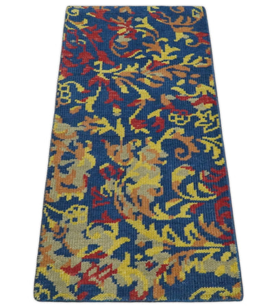 Modern Abstract 2x4 Blue, Red and Gold Hand Knotted Entryway Wool Area Rug | TRD3379124 - The Rug Decor