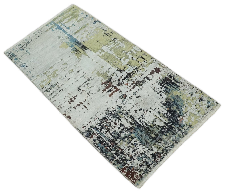 Modern Abstract 2x4 High Low Ivory and Olive Real Silk and Wool Rug made | N1924 - The Rug Decor