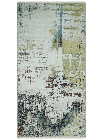 Modern Abstract 2x4 High Low Ivory and Olive Real Silk and Wool Rug made | N1924 - The Rug Decor