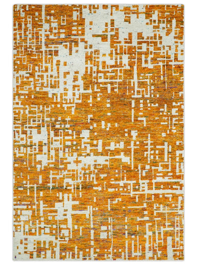 Modern Abstract 5.5x8.5 Gold and Ivory Recycled Art Silk Area Rug - The Rug Decor