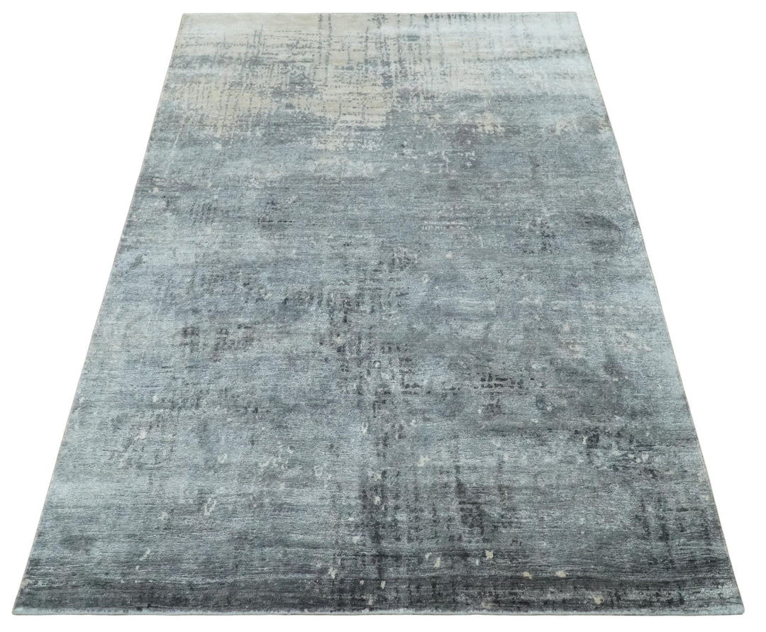 Modern Abstract 5.9x8.5 Silver, Beige and Charcoal Hand Knotted bamboo Silk Area Rug - The Rug Decor