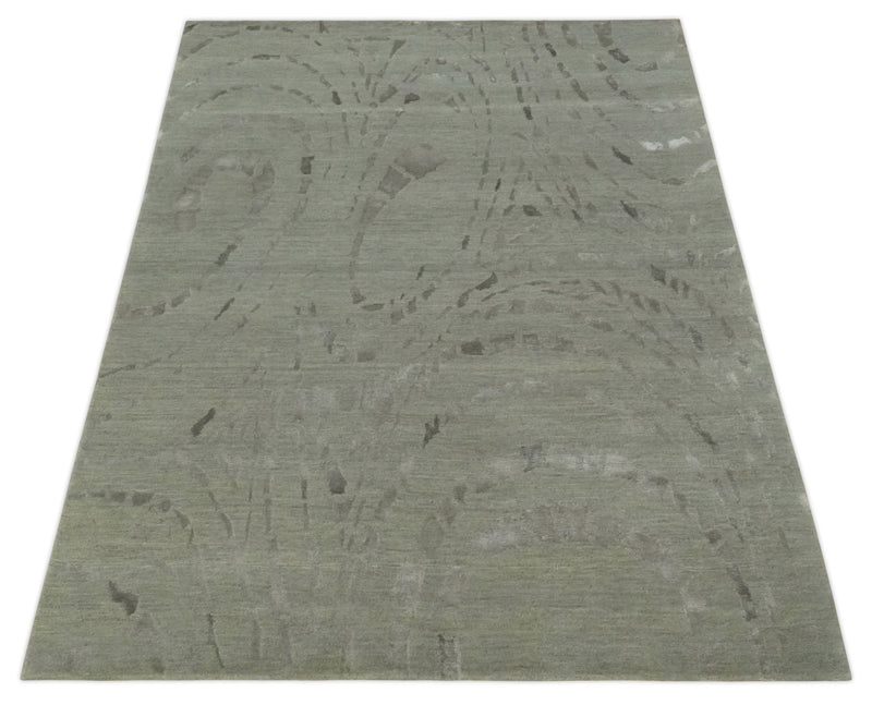 Modern Abstract 5x7 Olive and Gray Hand Knotted Wool and Silk Area Rug - The Rug Decor