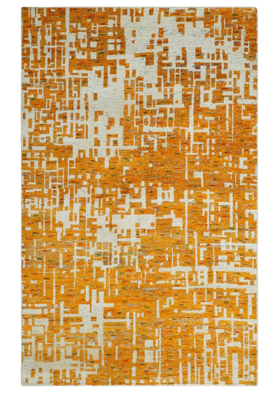 Modern Abstract 5x8 and 5.5x8.5 Gold and Ivory Recycled Art Silk Area Rug - The Rug Decor