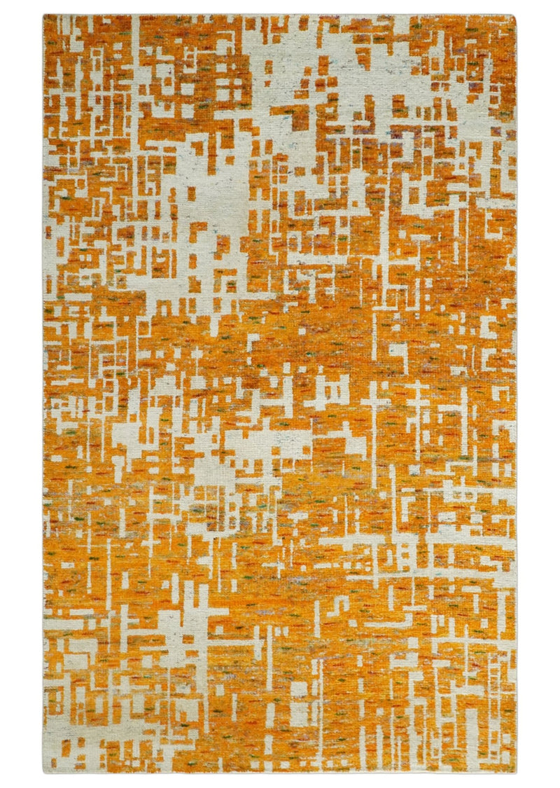 Modern Abstract 5x8 and 5.5x8.5 Gold and Ivory Recycled Art Silk Area Rug - The Rug Decor