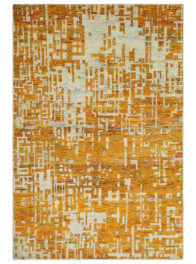 Modern Abstract 6x9 Gold and Ivory Recycled Art Silk Area Rug - The Rug Decor