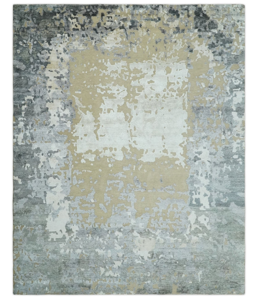 Modern Abstract 8x10 Beige, Ivory and Gray Hand Knotted Bamboo Silk and Wool Area Rug | AE15810 - The Rug Decor