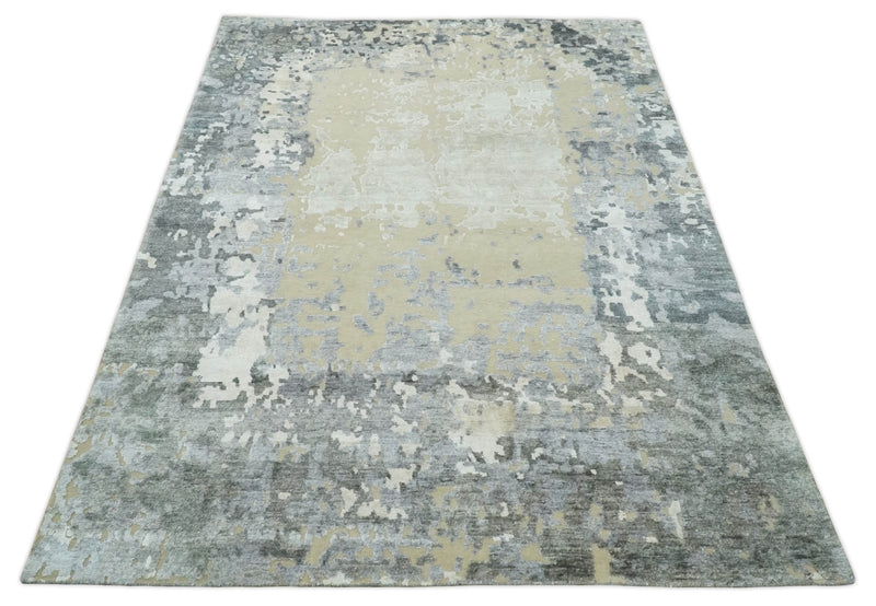 Modern Abstract 8x10 Beige, Ivory and Gray Hand Knotted Bamboo Silk and Wool Area Rug | AE15810 - The Rug Decor