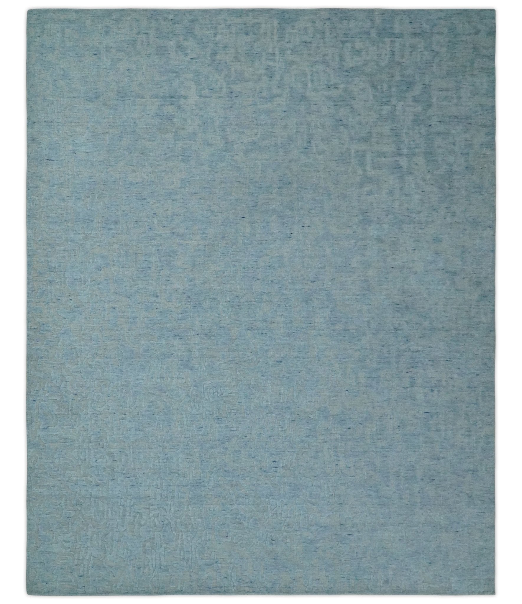 Hand Loomed Abstract Silver and Aqua High Low Pile Blended Wool Rug ...