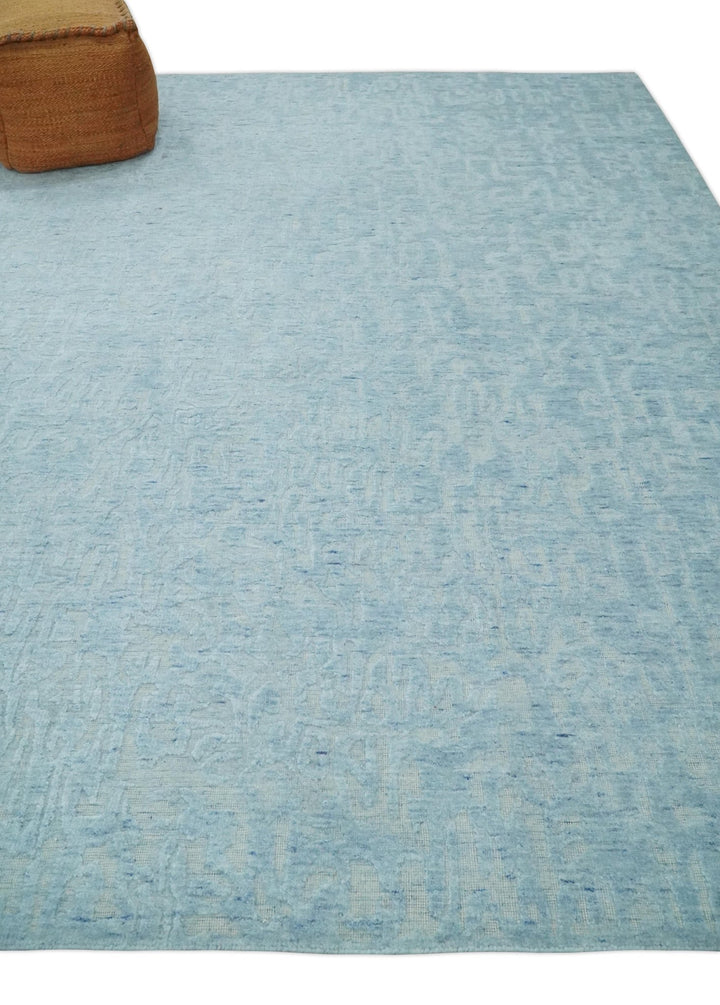 Modern Abstract 8x10 Hand Loomed Silver and Aqua High Low Pile Blended Wool Rug | AE5810 - The Rug Decor